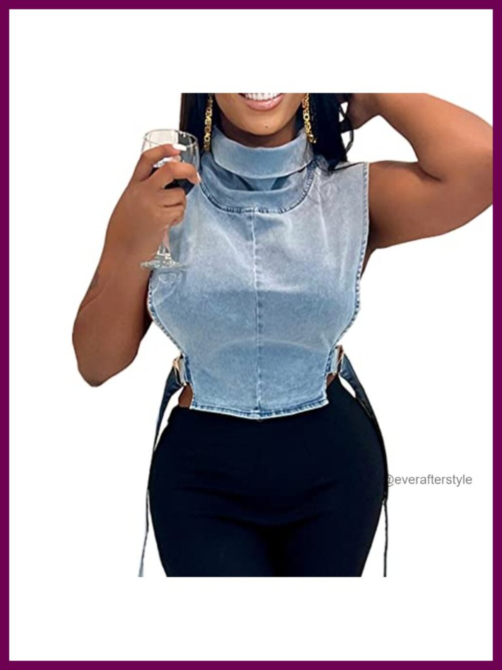 Sleeveless Cropped Denim Jacket Stand Collar Buckle Lace-Up Vest
